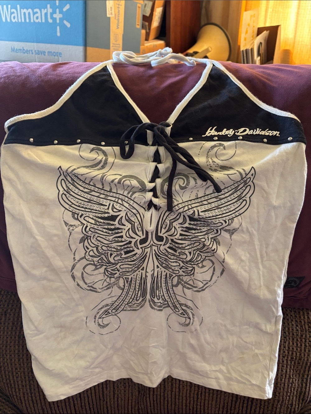 Harley-Davidson White and Black Lace-Up Wing Graphic Halter Top